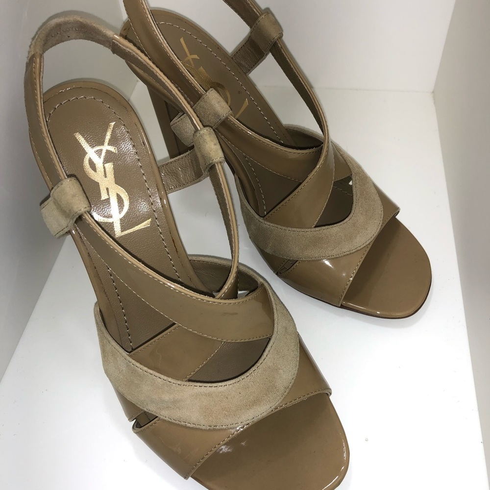 YSL patent leather and suede criss cross pumps